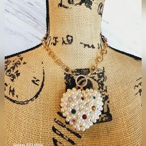 Betsey Johnson Pop Heart Faux Pearl & Crystal Statement Pendant Necklace